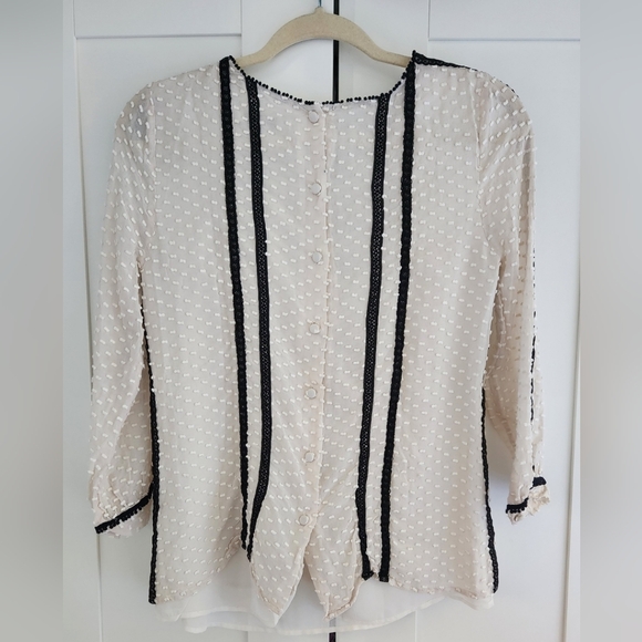 J. Crew Silk Cream Blouse with Black Lace - Picture 2 of 3